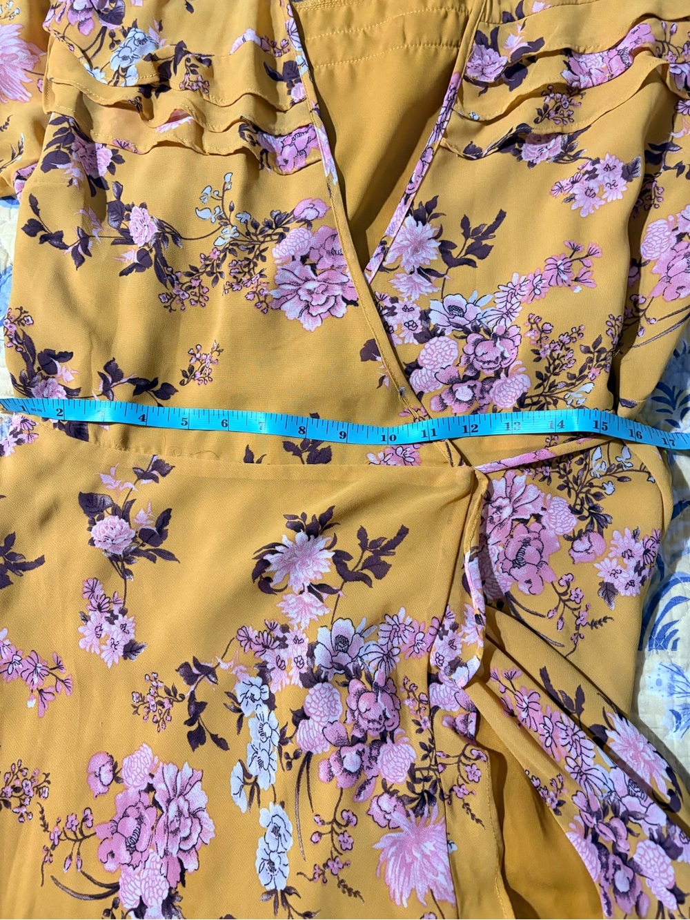 WAYF Floral Wrap Maxi Dress - Mustard with Pink Floral - Picture 4 of 9